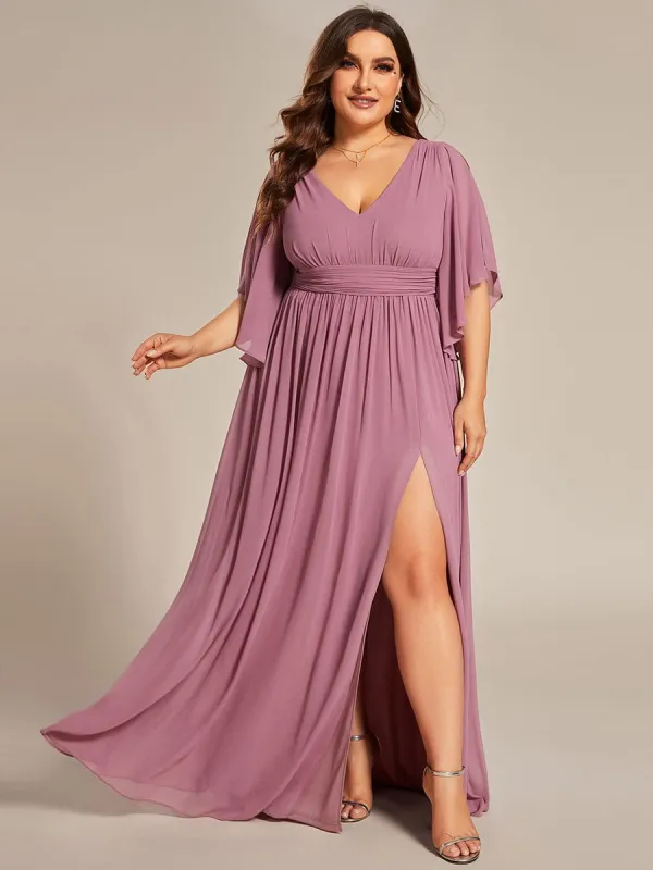 pretty ELYAN|Plus Size Half Sleeve Pleated A-Line V-Neck Chiffon Bridesmaid Dress sold by Ever Pretty