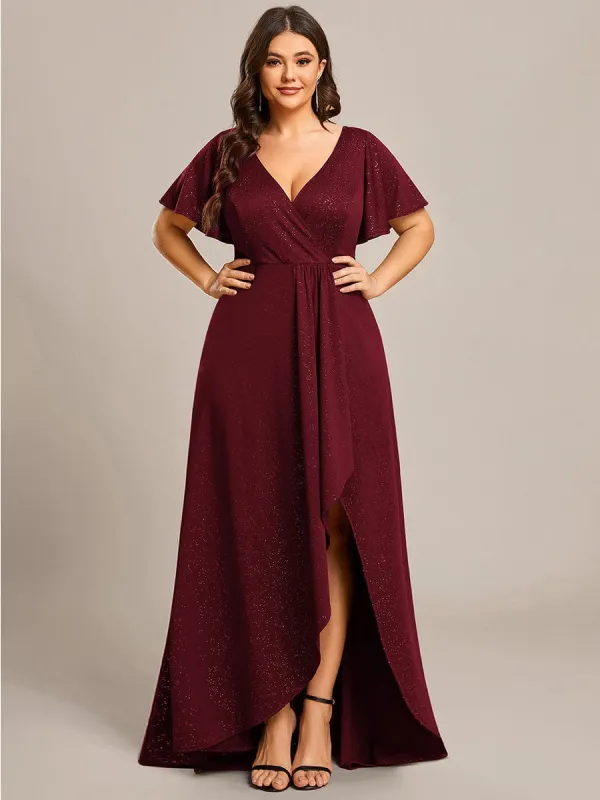 ever MELODÉ|Custom Size High-Low Ruffled V-Neck Front Slit Glitter Evening Dress sold by Ever Pretty