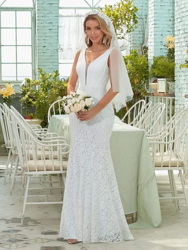 Dainty Deep V Neck Sleeveless Fishtail Lace Wedding Dress sold by Ever Pretty