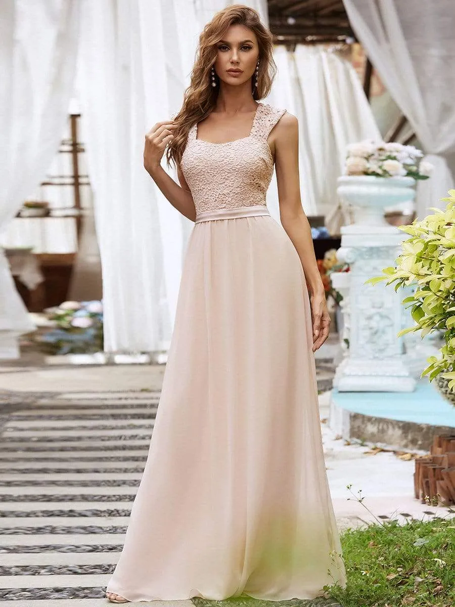 Elegant A Line Long Chiffon Bridesmaid Dress With Lace Bodice sold by Ever Pretty