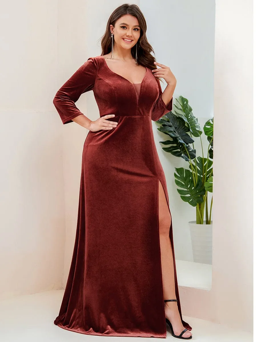Plus Size Velvet Plunging V-Neck Front Slit 3/4 Sleeve Evening Dress sold by Ever Pretty product image thumbnail 5