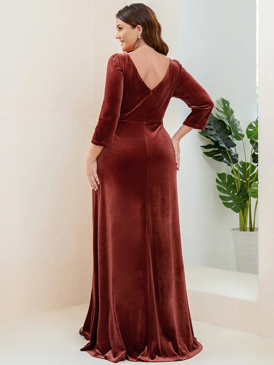 Plus Size Velvet Plunging V-Neck Front Slit 3/4 Sleeve Evening Dress sold by Ever Pretty product image thumbnail 4