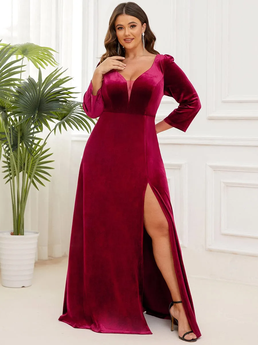 Plus Size Velvet Plunging V-Neck Front Slit 3/4 Sleeve Evening Dress sold by Ever Pretty
