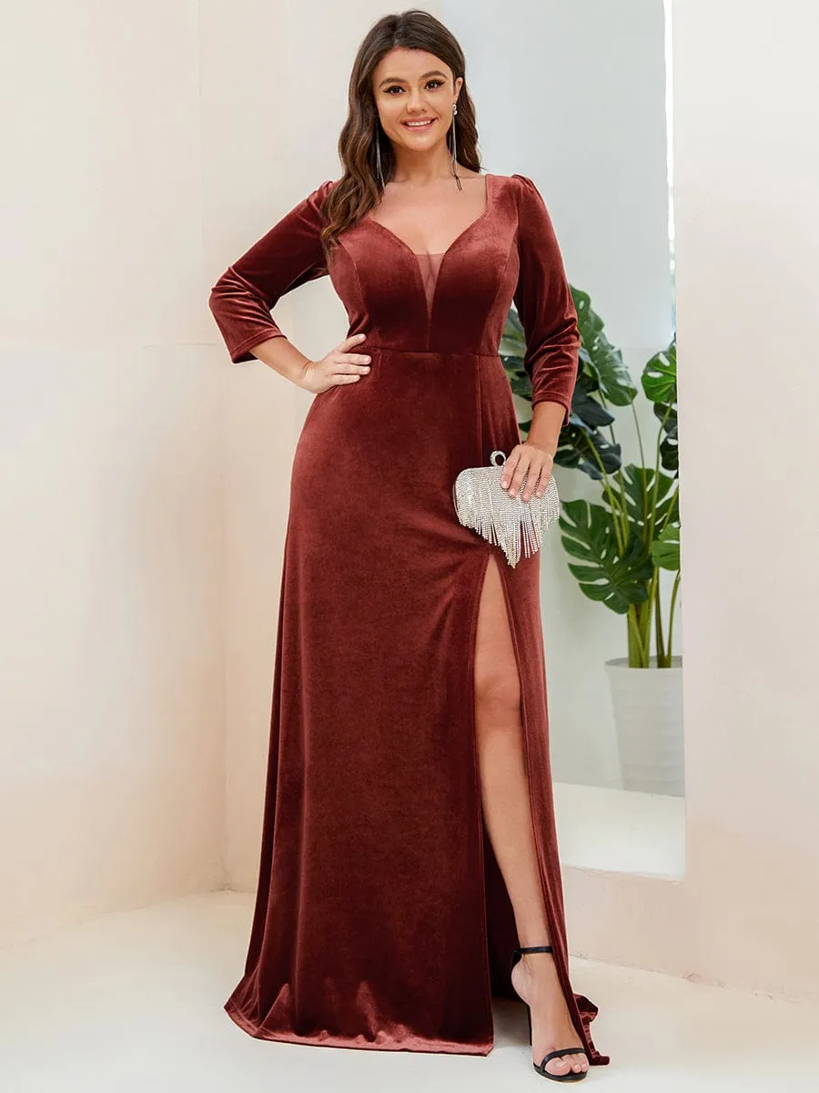 Plus Size Velvet Plunging V-Neck Front Slit 3/4 Sleeve Evening Dress sold by Ever Pretty product image thumbnail 3