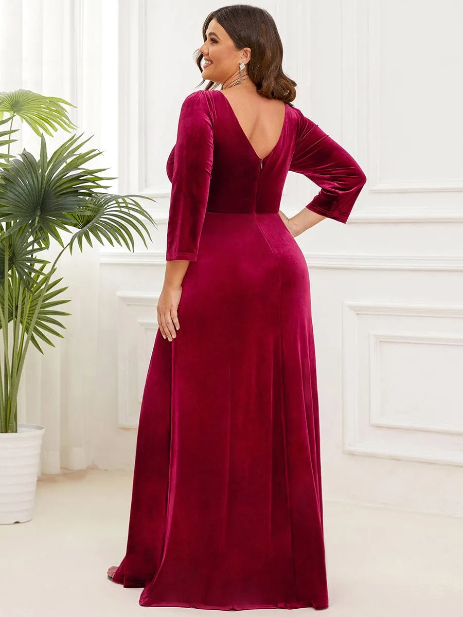 Plus Size Velvet Plunging V-Neck Front Slit 3/4 Sleeve Evening Dress sold by Ever Pretty product image thumbnail 2