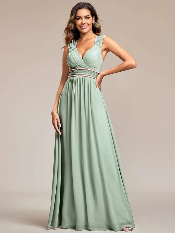 V-Neck Sleeveless Beaded Belt Chiffon A-Line Evening Dress sold by Ever Pretty
