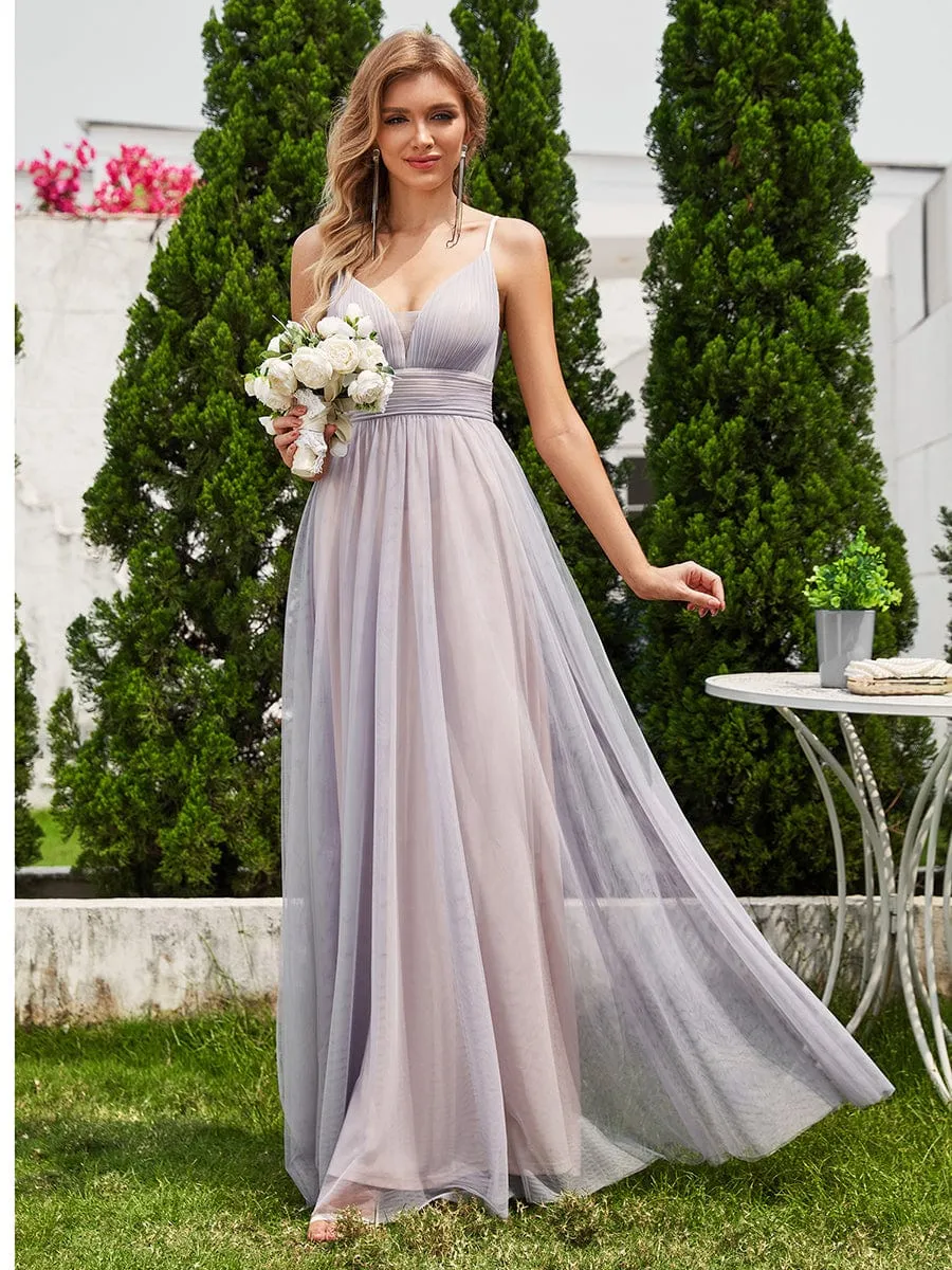 ever CARTER|High-Waisted Backless See-Through Tulle Bridesmaid Dress with V-Neck sold by Ever Pretty
