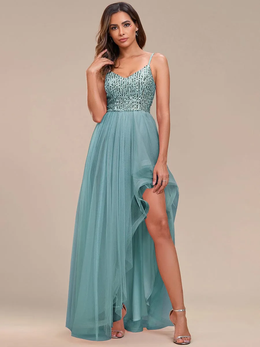 Spaghetti Strap Sequin Top A-Line High Low Tulle Evening Dress sold by Ever Pretty