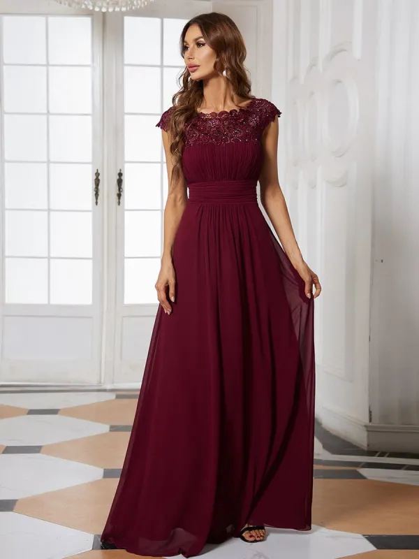 elegant maxi long lace cap sleeve bridesmaid dress Graceful Taupe Lace & Chiffon Cap Sleeve Bridesmaid Dress