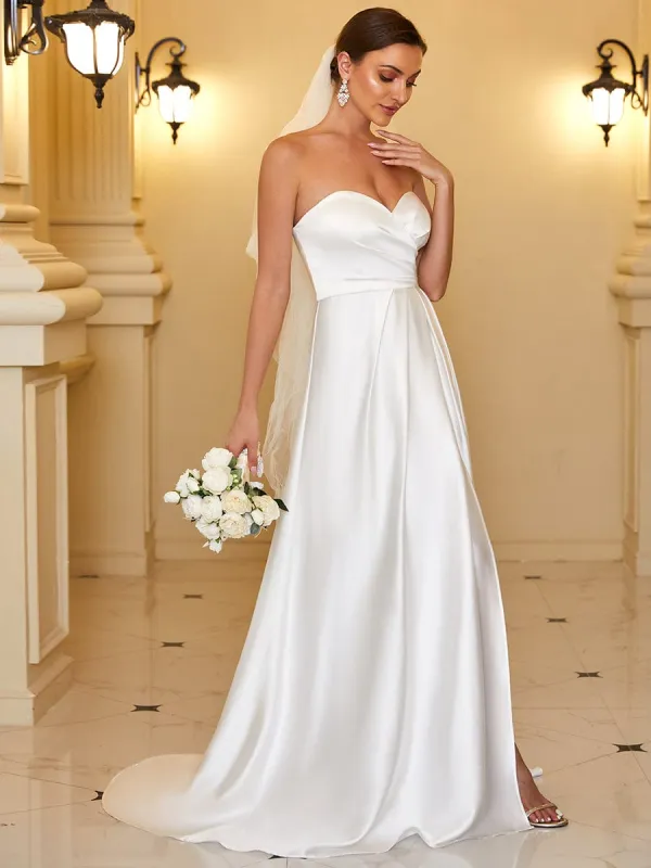 Satin Pleated Sweetheart Sleeveless Front Slit Wedding Dress sold by Ever Pretty