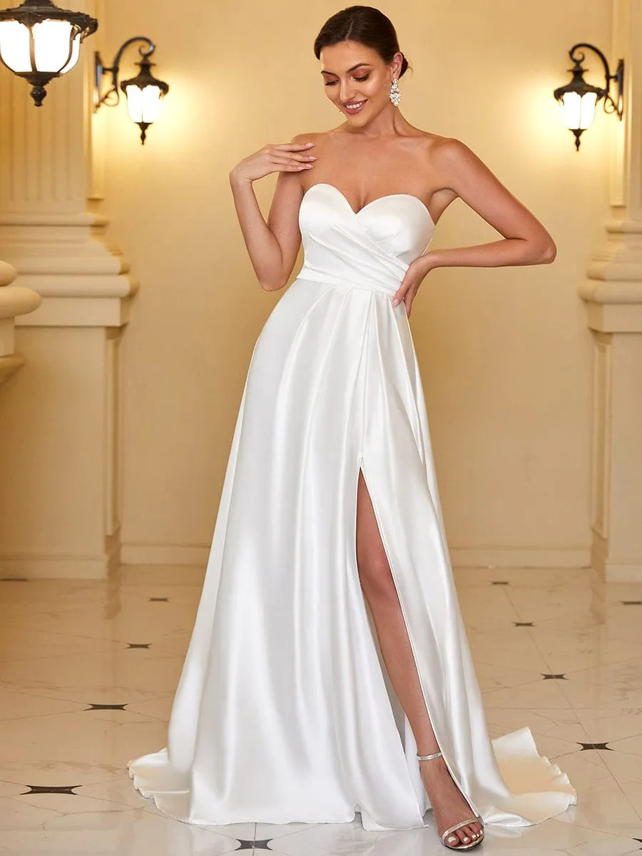 Satin Pleated Sweetheart Sleeveless Front Slit Wedding Dress sold by Ever Pretty product image thumbnail 5