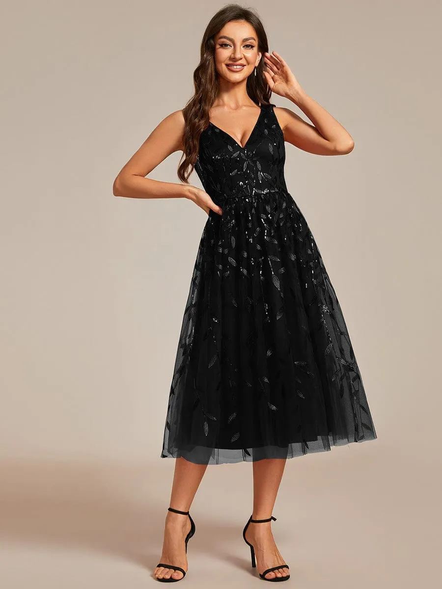 ever ROUX|V-Neck Leaf Sequined Sleeveless A-Line Midi Wedding Guest Dress sold by Ever Pretty product image thumbnail 3
