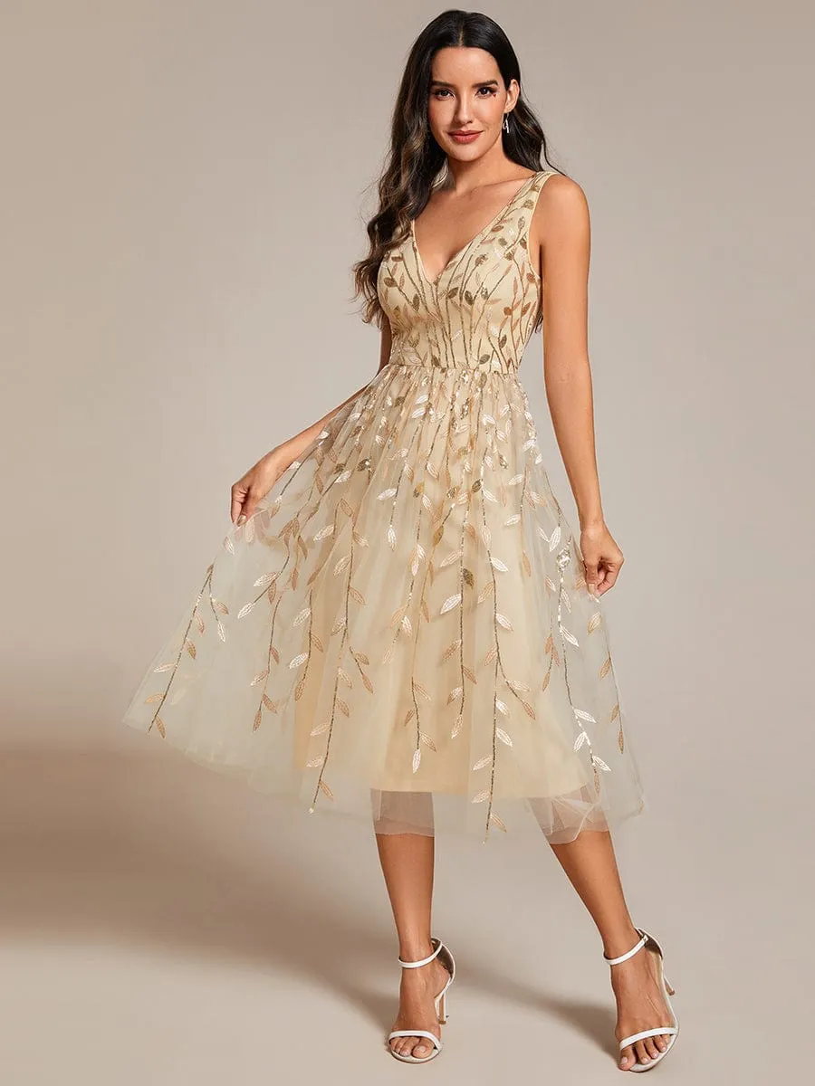 ever ROUX|V-Neck Leaf Sequined Sleeveless A-Line Midi Wedding Guest Dress sold by Ever Pretty