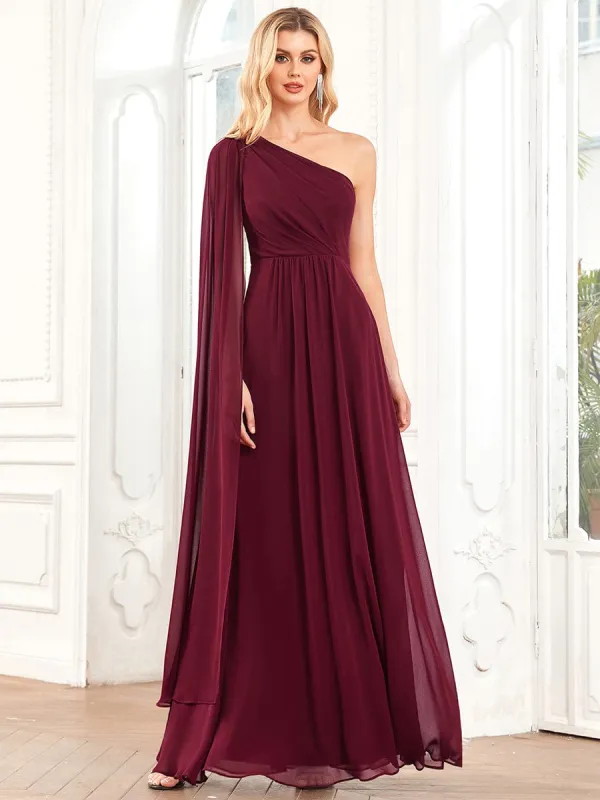 Asymmetrical Sleeve A-Line Pleated Chiffon Bridesmaid Dress sold by Ever Pretty