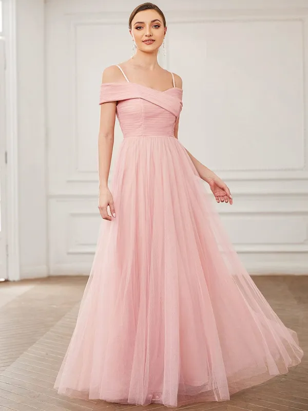 Spaghetti Strap Cold Shoulder Cross Over A-Line Tulle  Bridesmaid Dress sold by Ever Pretty