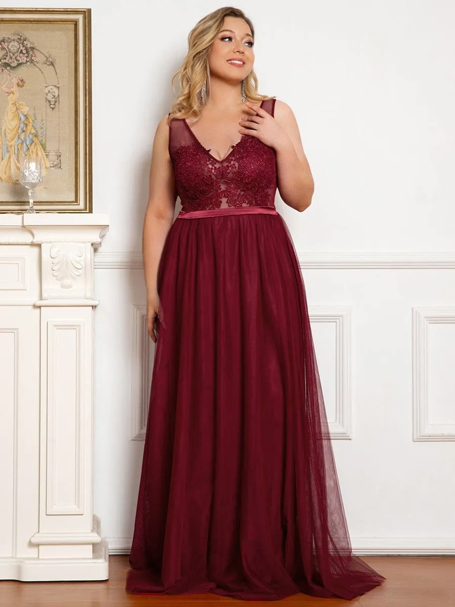 Plus Size Women's A-Line V-Neck Floral Lace Appliques Bridesmaid Dress sold by Ever Pretty