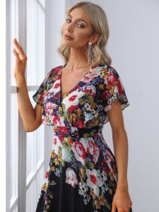 Floral Short Sleeve V-Neck Chiffon A-Line Evening Dress sold by Ever Pretty
