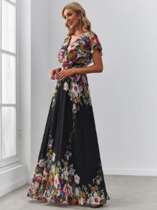 Floral Short Sleeve V-Neck Chiffon A-Line Evening Dress sold by Ever Pretty