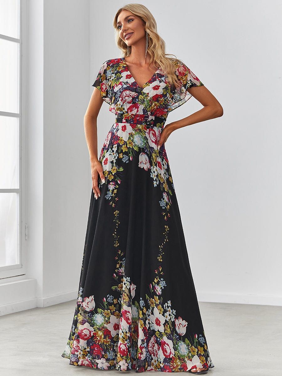 Floral Short Sleeve V-Neck Chiffon A-Line Evening Dress sold by Ever Pretty