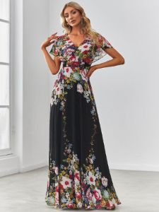 Floral Short Sleeve V-Neck Chiffon A-Line Evening Dress sold by Ever Pretty