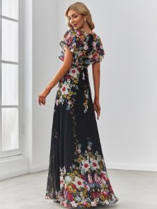 Floral Short Sleeve V-Neck Chiffon A-Line Evening Dress sold by Ever Pretty