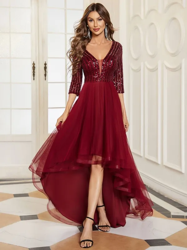 3/4 Sleeve Sheer Sequin Stripe High Low Hem Evening Dress sold by Ever Pretty