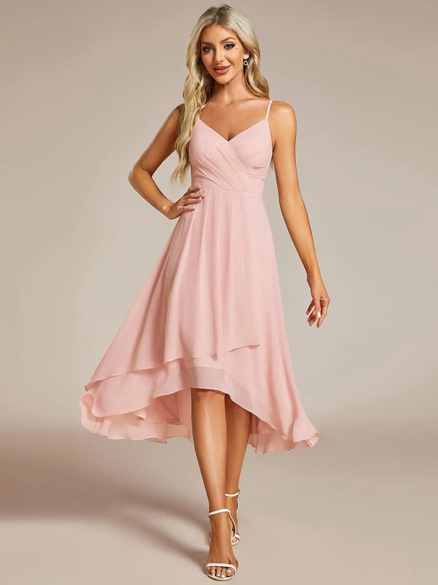 Airy Lila | High-Low V-Neck Pleated Spaghetti Strap Wedding Guest Dress in Chiffon sold by Ever Pretty