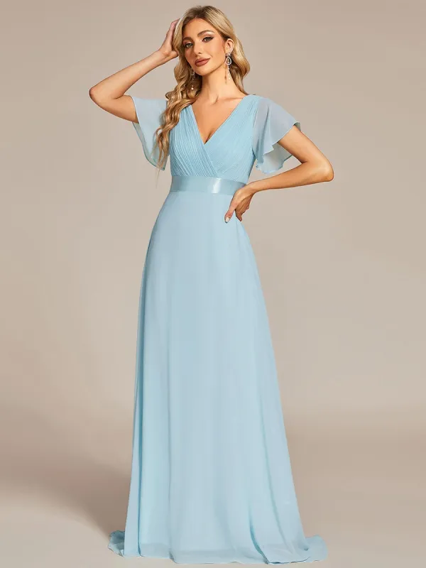 ever SERENNE|Long Chiffon Empire Waist Bridesmaid Dress with Short Flutter Sleeves sold by Ever Pretty