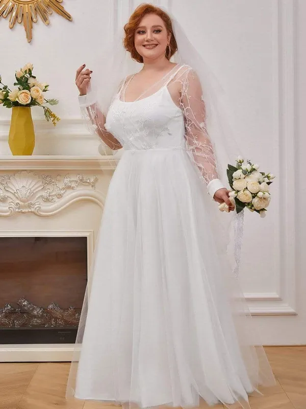 Plus-size Sheer Bodice Long Sleeves Causal Wedding Dress sold by Ever Pretty