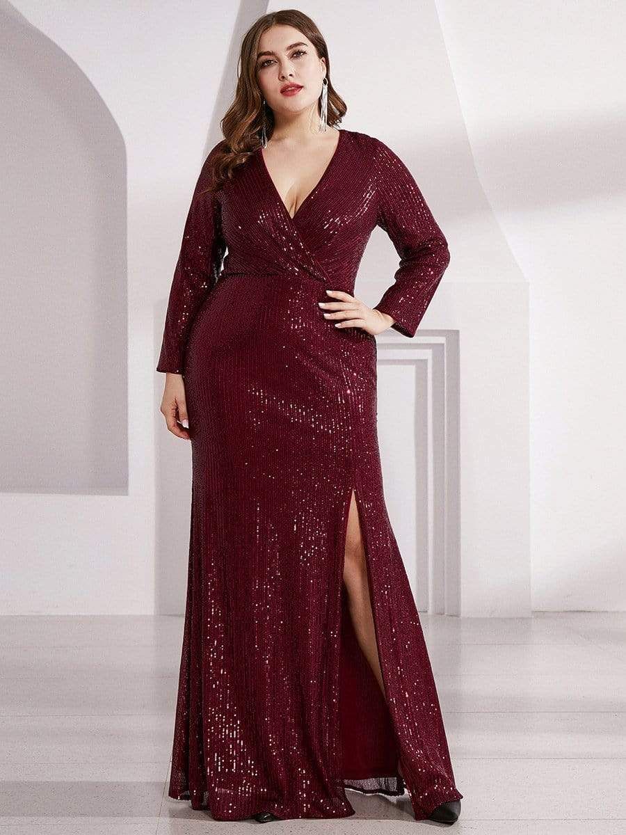 Plus Size V Neck Long Sleeve Sequin Formal Prom Dress sold by Ever Pretty product image thumbnail 11