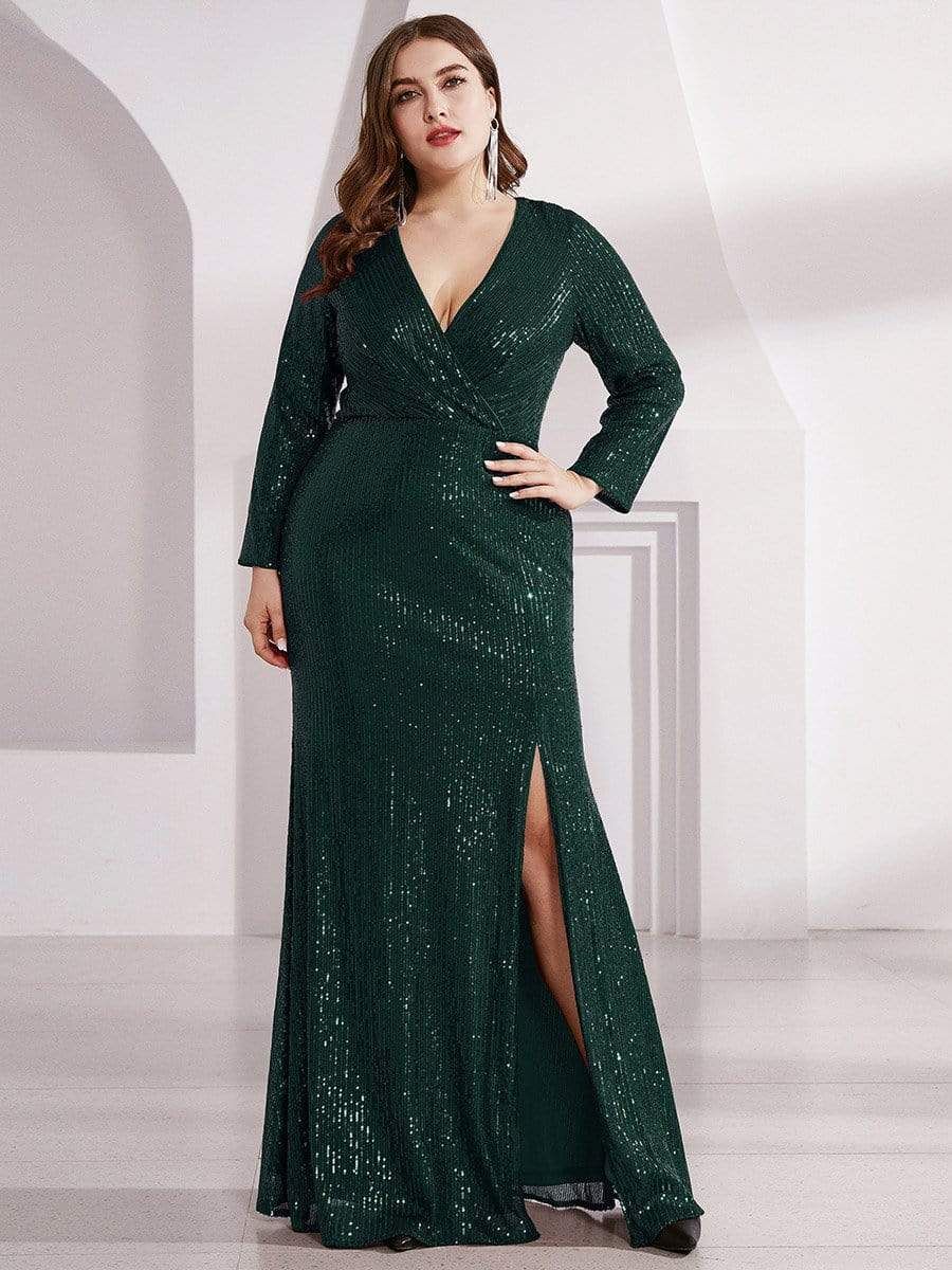 Plus Size V Neck Long Sleeve Sequin Formal Prom Dress sold by Ever Pretty