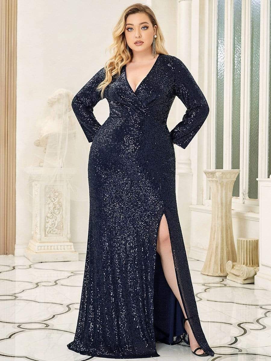 Plus Size V Neck Long Sleeve Sequin Formal Prom Dress sold by Ever Pretty product image thumbnail 10
