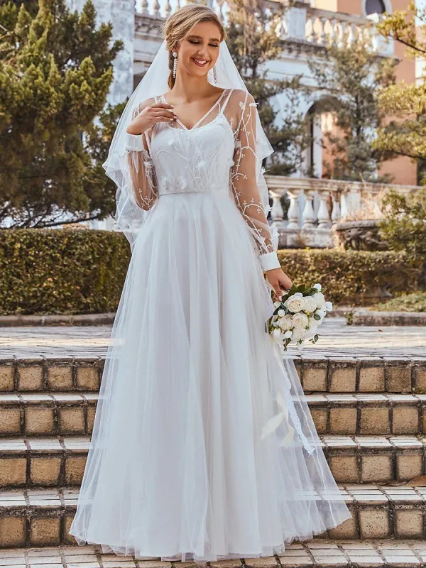 Romantic Sheer Bodice Lantern Sleeve Causal Tulle Wedding Dress sold by Ever Pretty