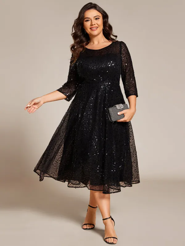 pretty SIENNA|Plus Size 3/4 Sleeve Midi Round Neck A-Line Sequin Wedding Guest Dress sold by Ever Pretty