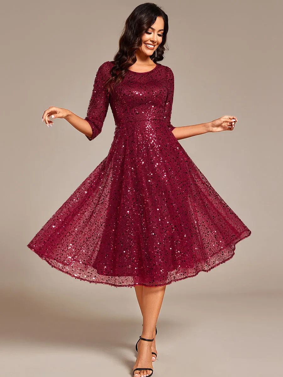 ever SIENNA|3/4 Sleeve Sparkly Sequin Round Neck Midi Wedding Guest Dress sold by Ever Pretty