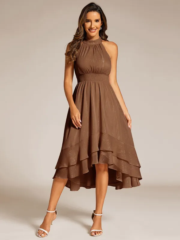 ever ZOYA|Custom Size Sparkly High-Low Ruffle Halter Neck Wedding Guest Dress with Pleating sold by Ever Pretty