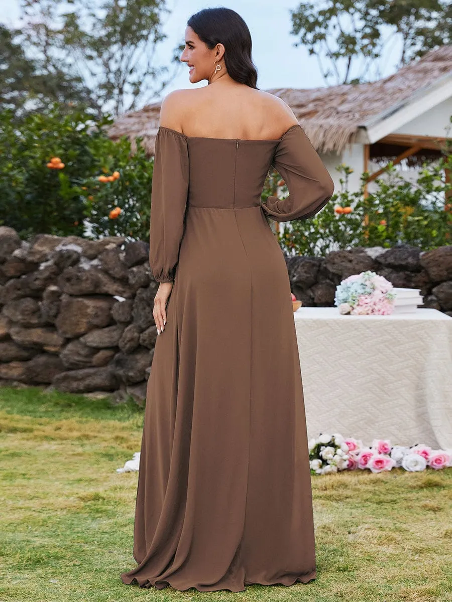 ever MADISON|Custom Size High-Slit Waist Pleated Off Shoulder Chiffon Bridesmaid Dress with Long Sleeves sold by Ever Pretty product image thumbnail 2