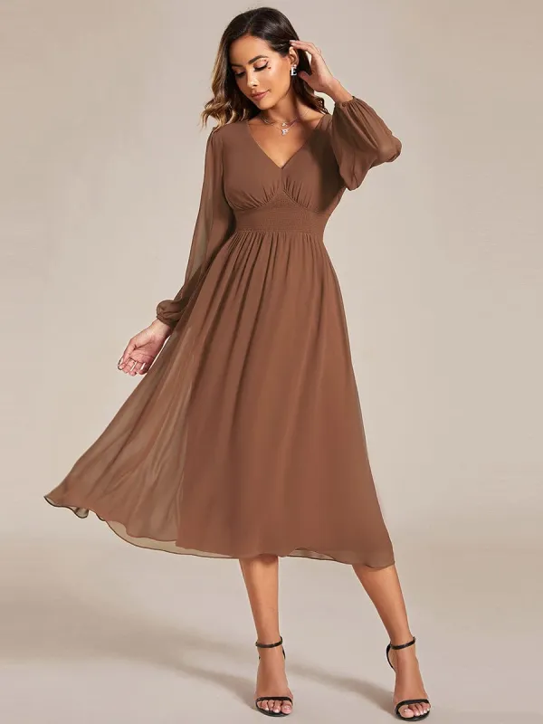 ever AMARA|Custom Size Chiffon V-Neck Long Sleeves Elastic Band Midi Wedding Guest Dress sold by Ever Pretty