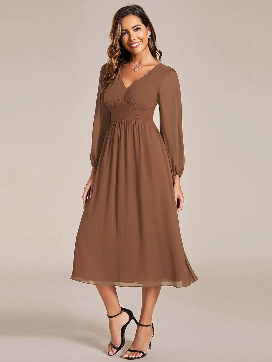 ever AMARA|Custom Size Chiffon V-Neck Long Sleeves Elastic Band Midi Wedding Guest Dress sold by Ever Pretty product image thumbnail 3