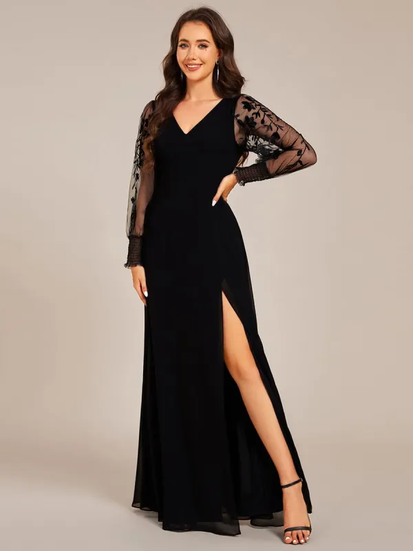 ever RYLEE|See-Through Long Sleeve V-Neck High Slit Chiffon Formal Evening Dress sold by Ever Pretty
