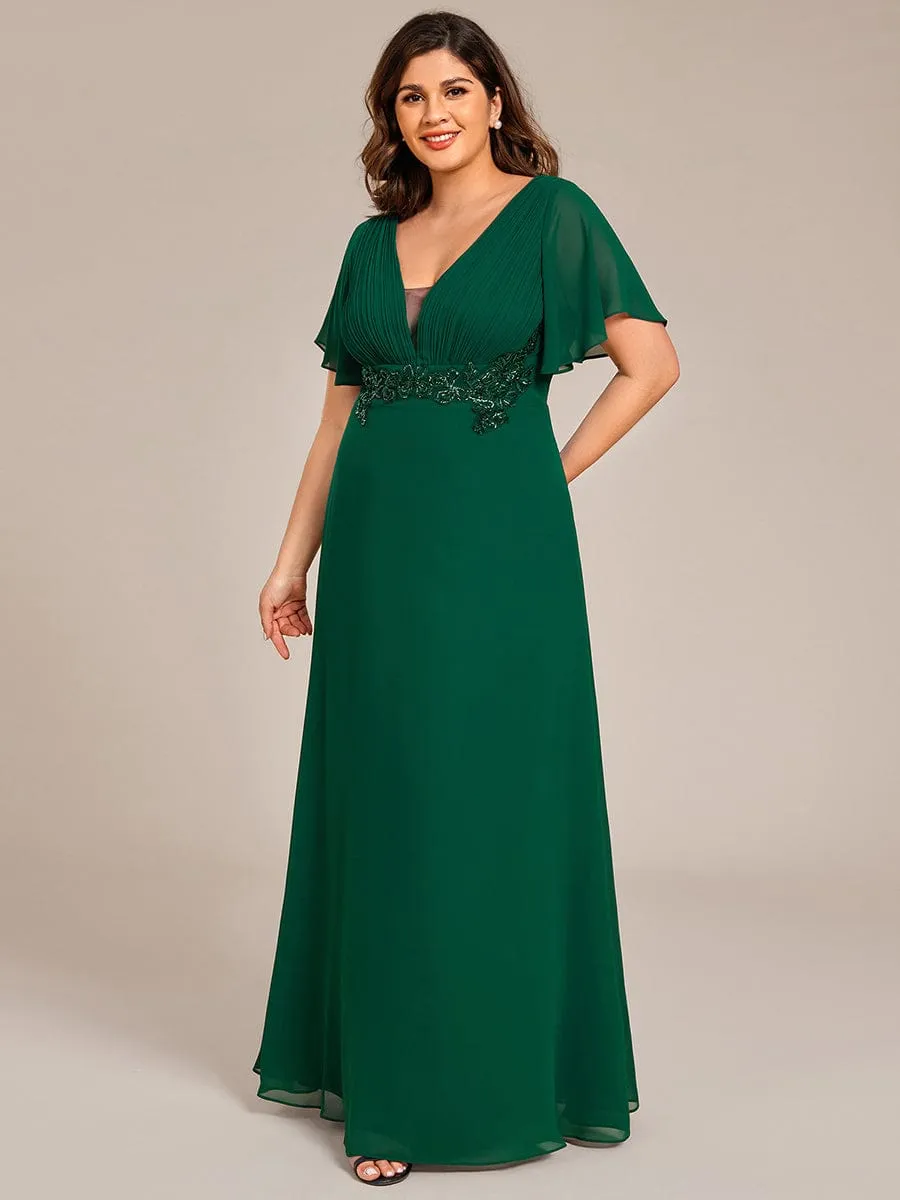 Plus Size Short Sleeve Waist Applique V-Neck Maxi Formal Evening Dress sold by Ever Pretty