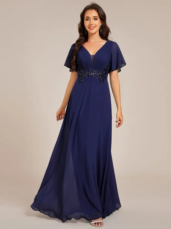 Elegant Pleated Short Sleeve Deep V-Neck Maxi Formal Evening Dress sold by Ever Pretty
