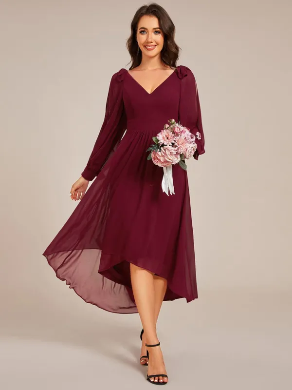 ever MYLAN|Long Sleeve V-Neck Midi Asymmetrical Hem Chiffon Bridesmaid Dress sold by Ever Pretty