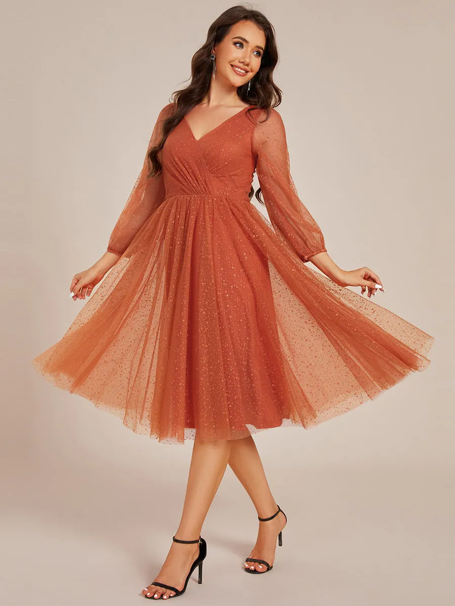 Glittery Long Sleeve V-Neck Midi Wedding Guest Dress sold by Ever Pretty