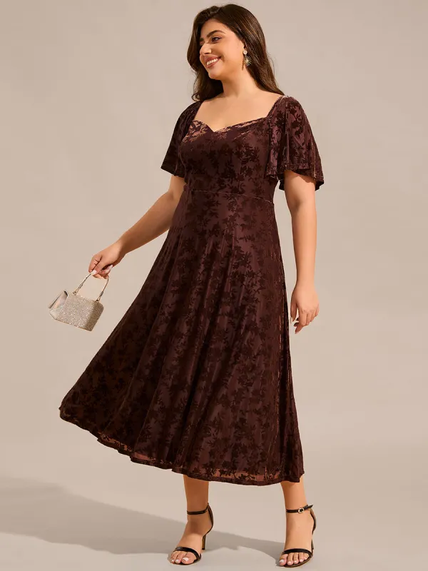 pretty BLOOM|Plus Size Printed Velvet A-Line Short Sleeve Tea Length Wedding Guest Dress sold by Ever Pretty