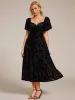 ever BLOOM|Elegant Stretchy Short Sleeve Tea Length Velvet Wedding Guest Dress sold by Ever Pretty