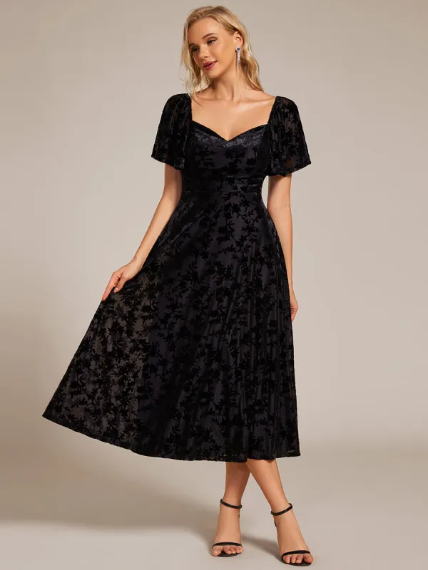 ever BLOOM|Elegant Stretchy Short Sleeve Tea Length Velvet Wedding Guest Dress sold by Ever Pretty