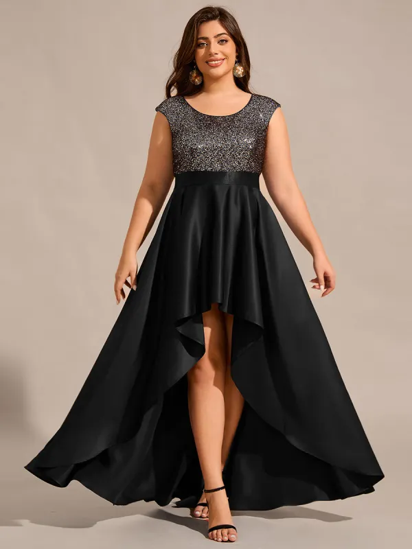 Faye | Plus Size Sequin Round Neckline High-Low Satin Formal Evening Dress sold by Ever Pretty