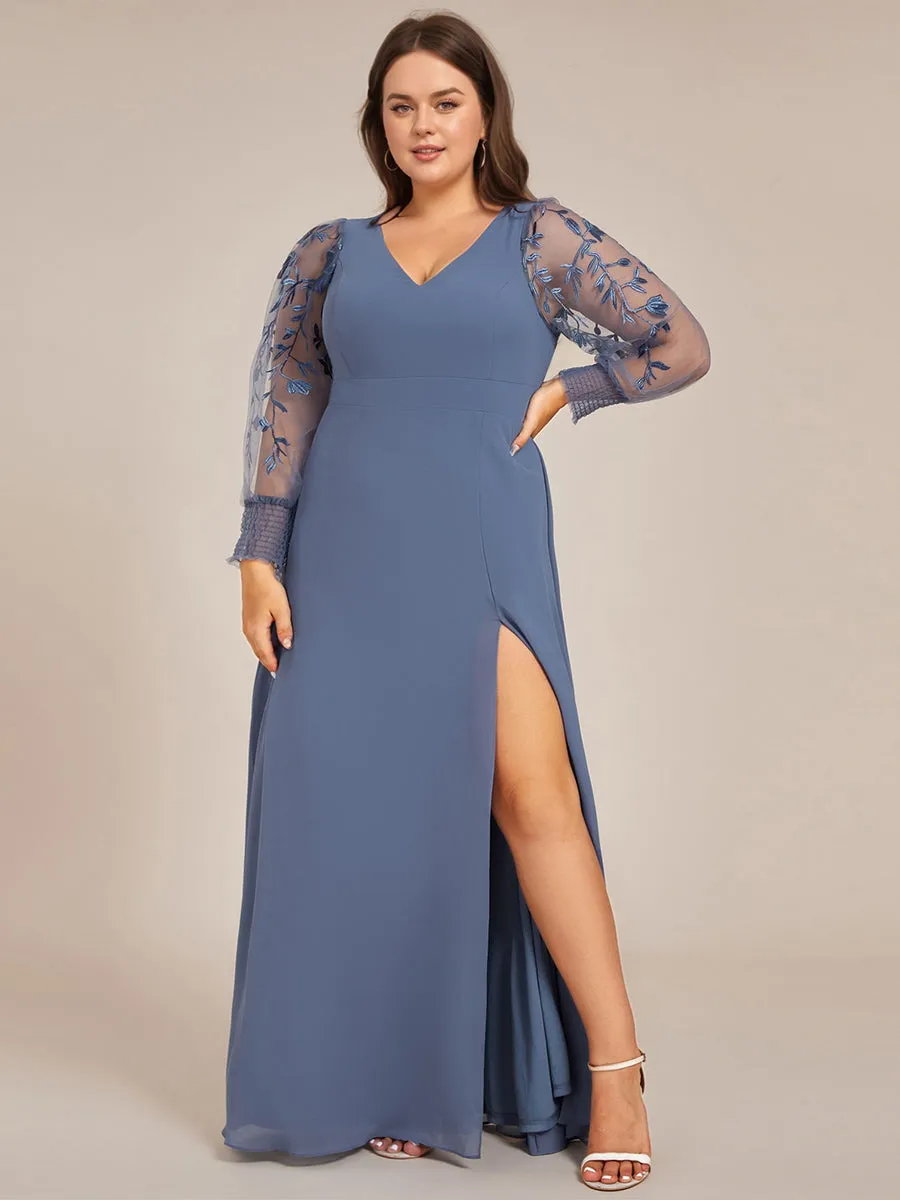 pretty RYLEE|Plus Size High Slit Embroidered Long Sleeve Chiffon Formal Evening Dress sold by Ever Pretty