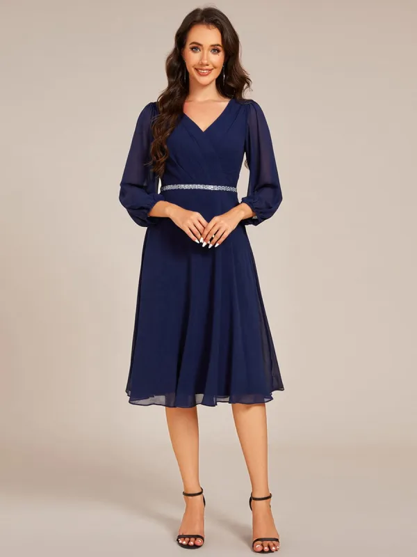 ever NYLAH|Pleated A-Line Long Sleeve Midi Chiffon Wedding Guest Dress sold by Ever Pretty